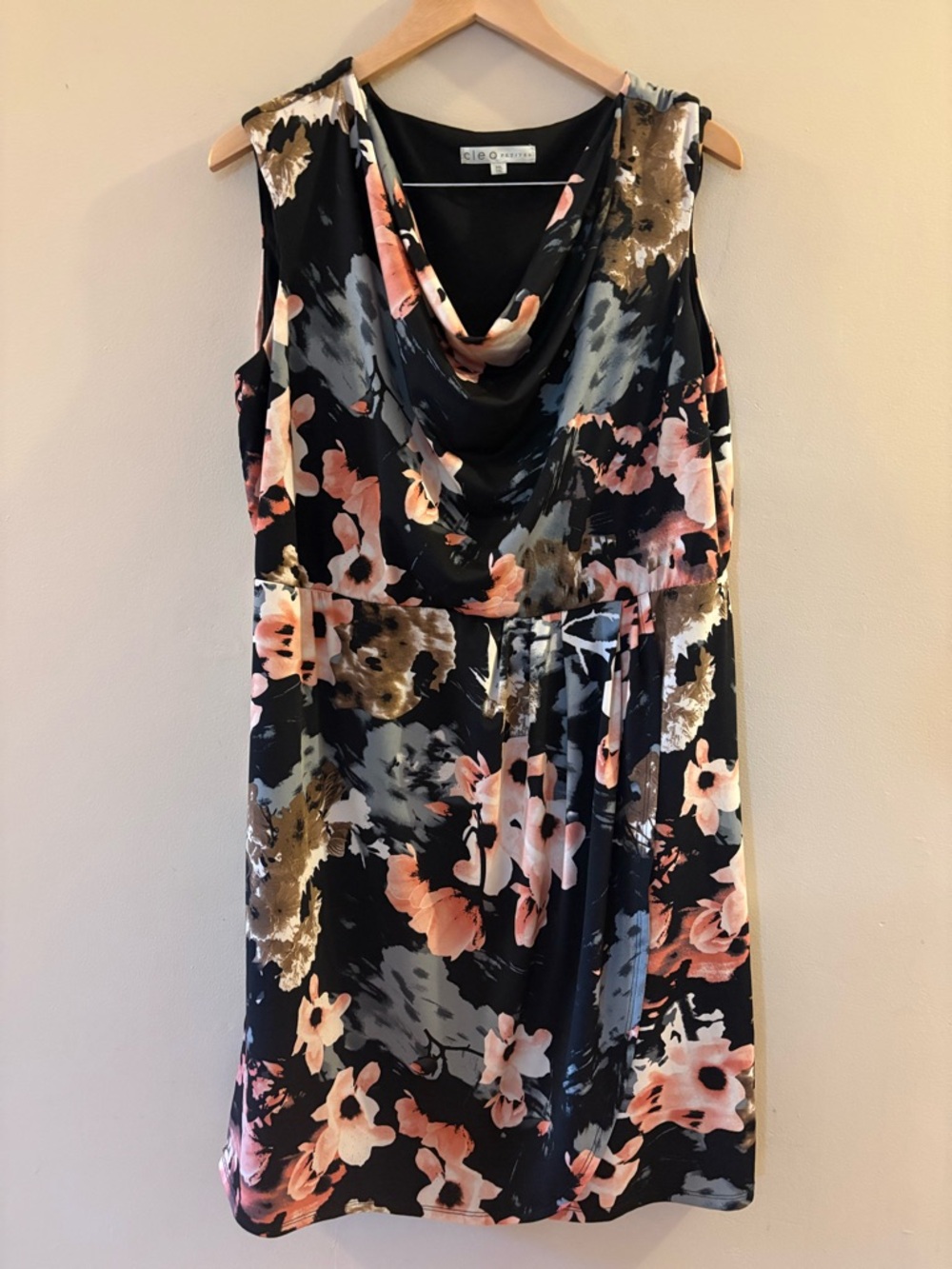 Cleo Black Floral Cowl Neck Midi Dress, Sz XXL.